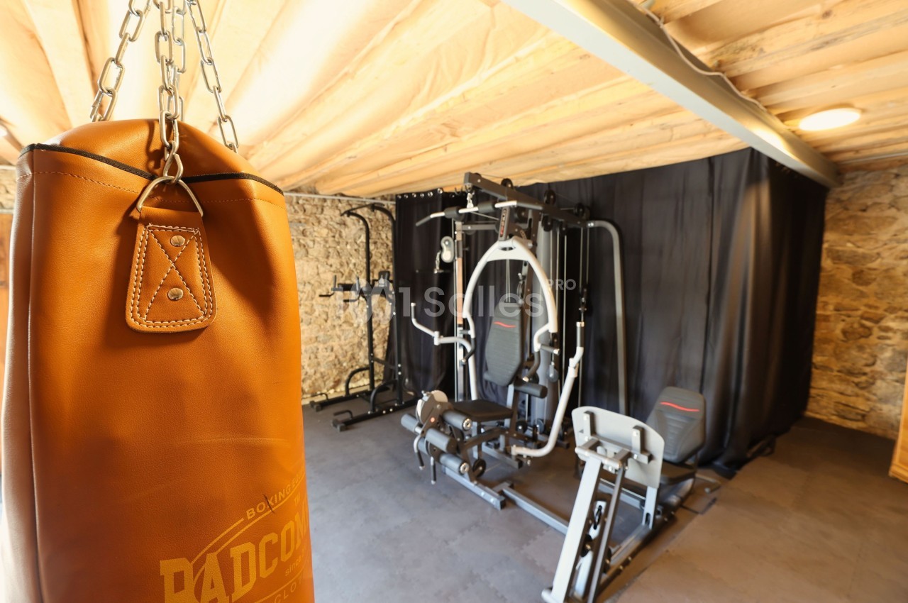 Salle de sport avec un sac de boxe en cuir au premier plan et des équipements de musculation en arrière-plan.