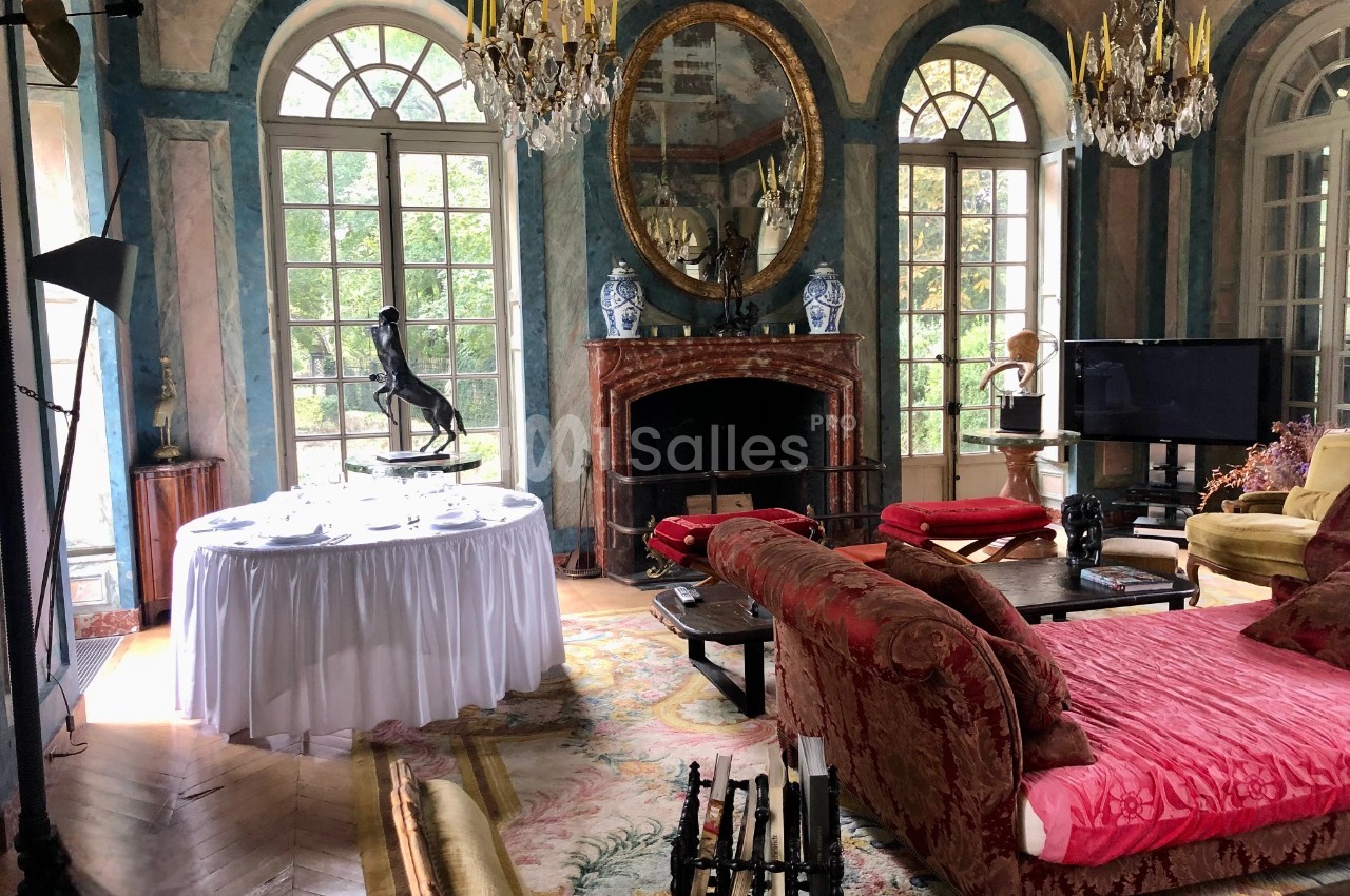 Salon élégant avec cheminée en marbre, miroirs, lustres, meubles anciens et grandes fenêtres donnant sur un jardin verdoyant.