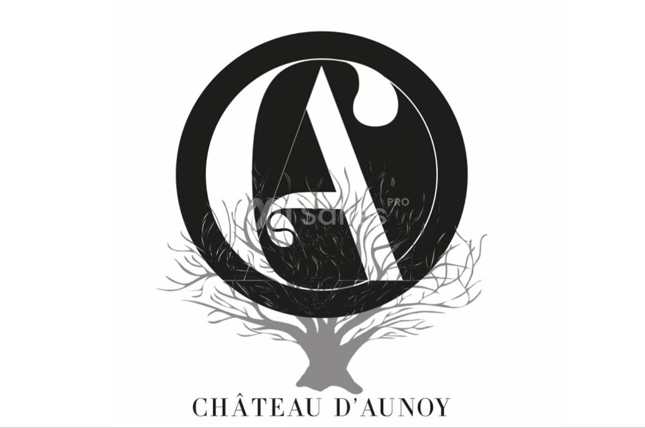 Logo du Château d'Aunoy avec un monogramme stylisé en noir sur fond blanc, surmontant un arbre dessiné en gris.