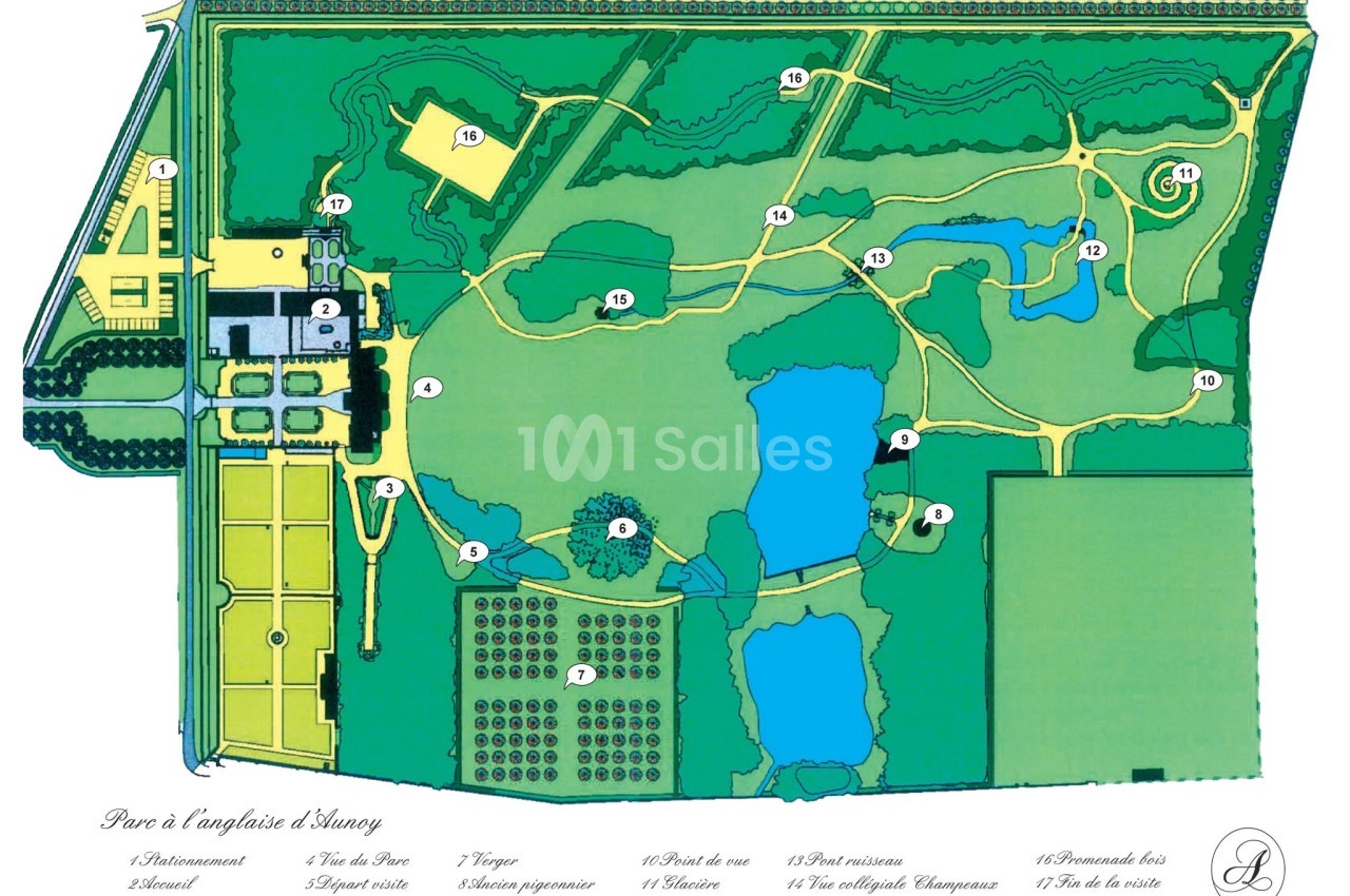 Plan illustré d'un parc à l'anglaise avec chemins, étangs, jardins, bâtiments et numéros correspondant à des points d…