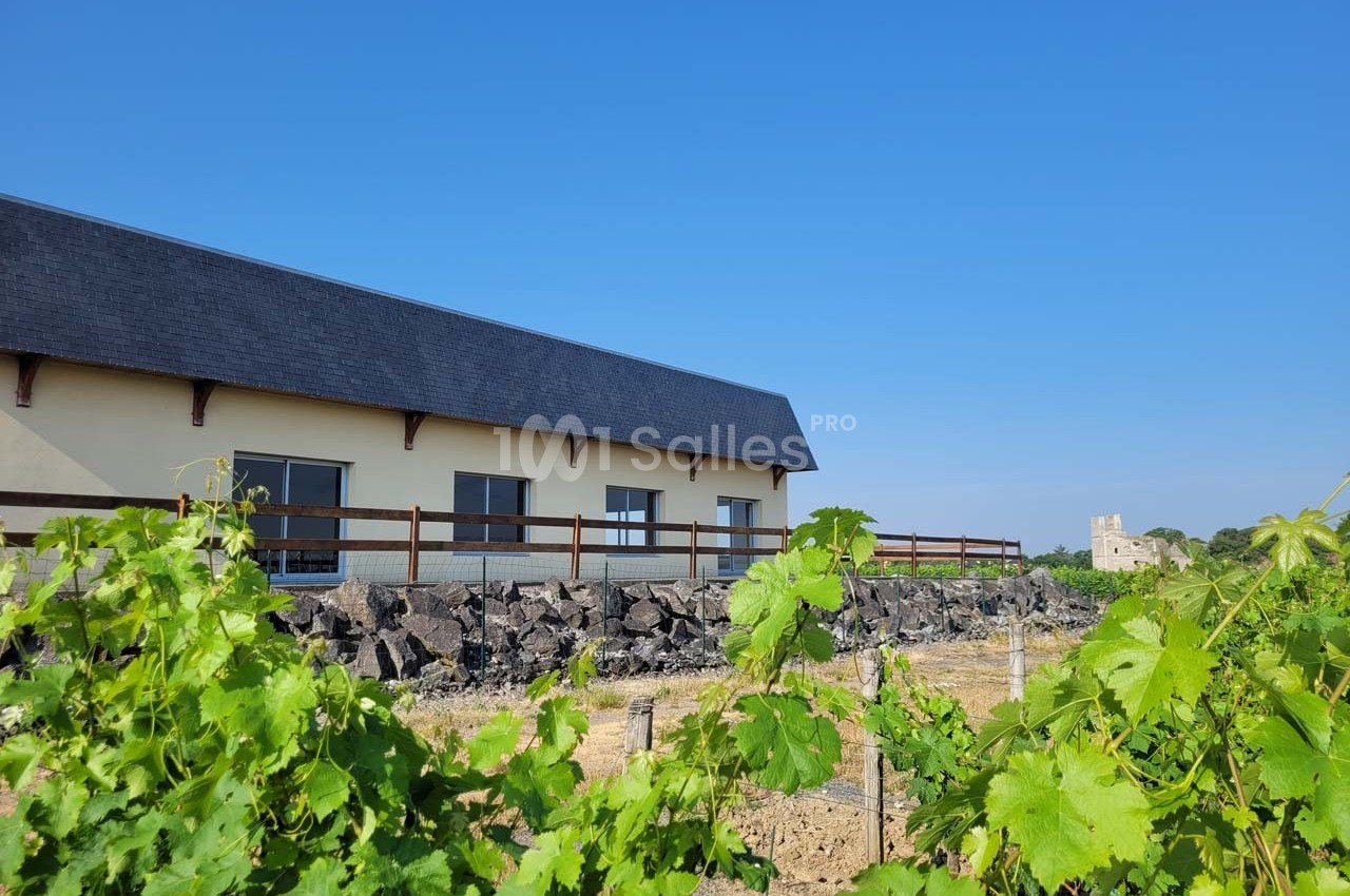 Bâtiment moderne avec toit en ardoise, entouré de vignes et vue sur une tour ancienne en arrière-plan.