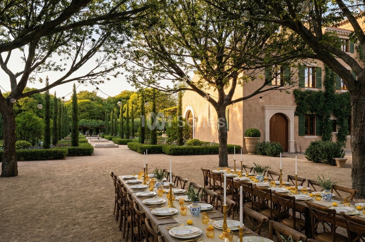 Table dressée en extérieur sous des arbres, avec vaisselle élégante, devant une maison entourée de verdure.