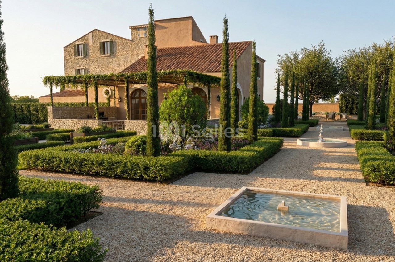 Jardin méditerranéen avec allées gravillonnées, fontaines, cyprès et maison en pierre aux volets verts.