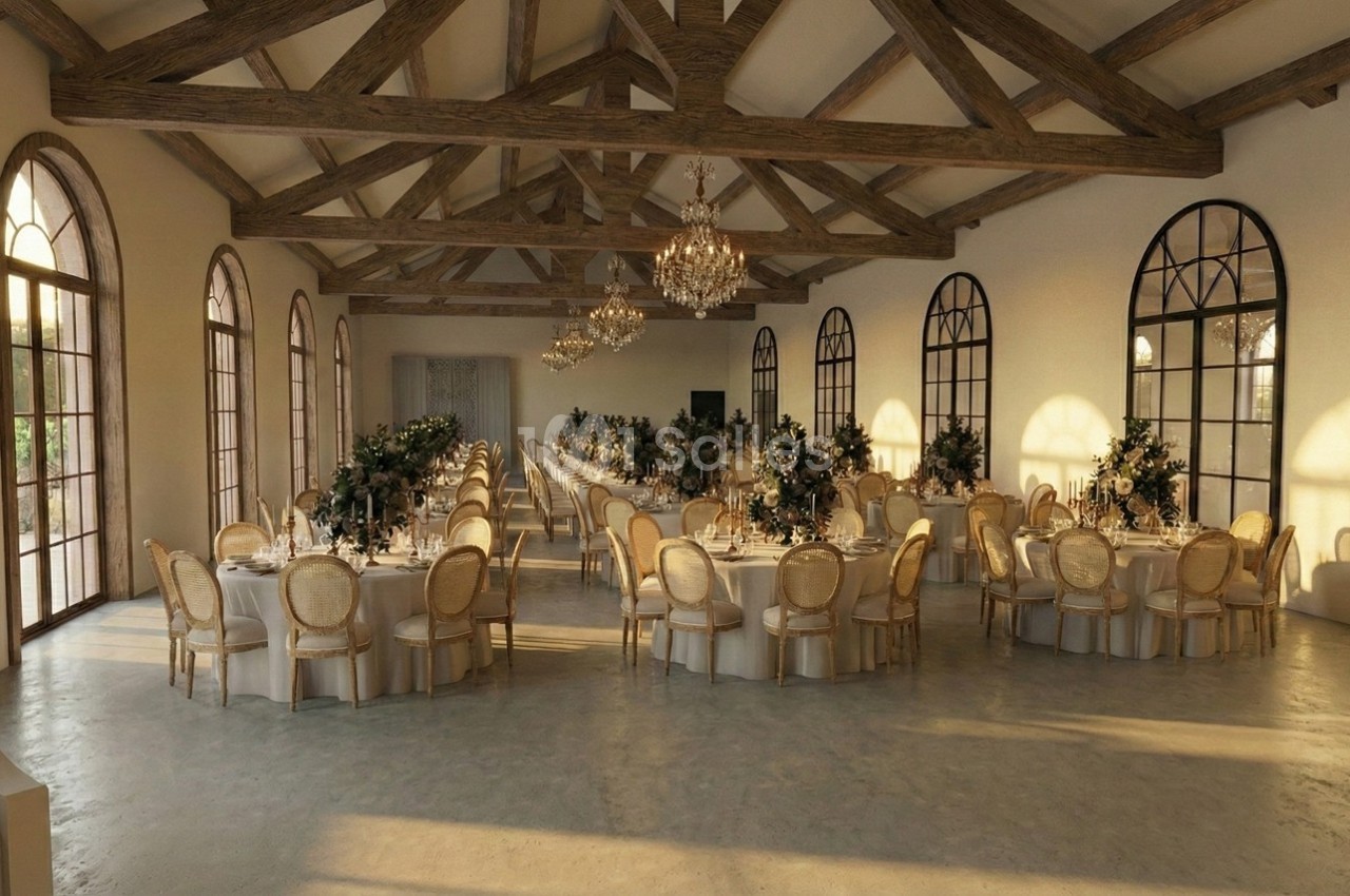 Grande salle de réception lumineuse avec des tables rondes décorées, des chaises en bois clair et des lustres suspendus.