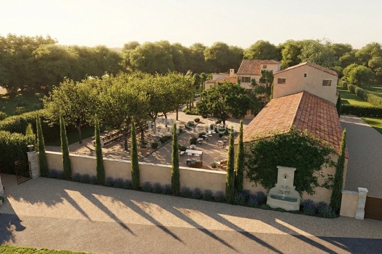 Vue aérienne d'une propriété provençale avec bâtiments en pierre, jardin arboré et allée bordée de cyprès.