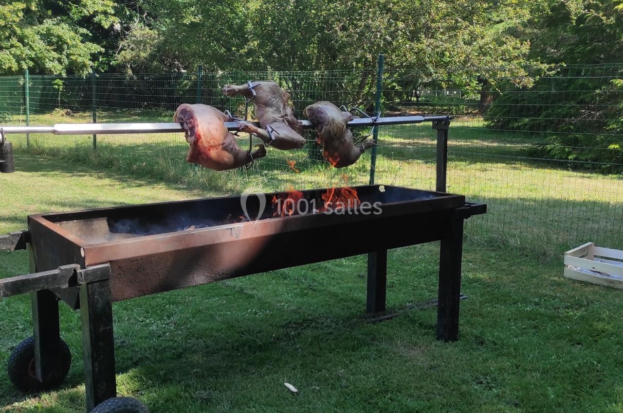Viande en cuisson sur une broche au-dessus d'un barbecue en plein air, dans un jardin verdoyant.