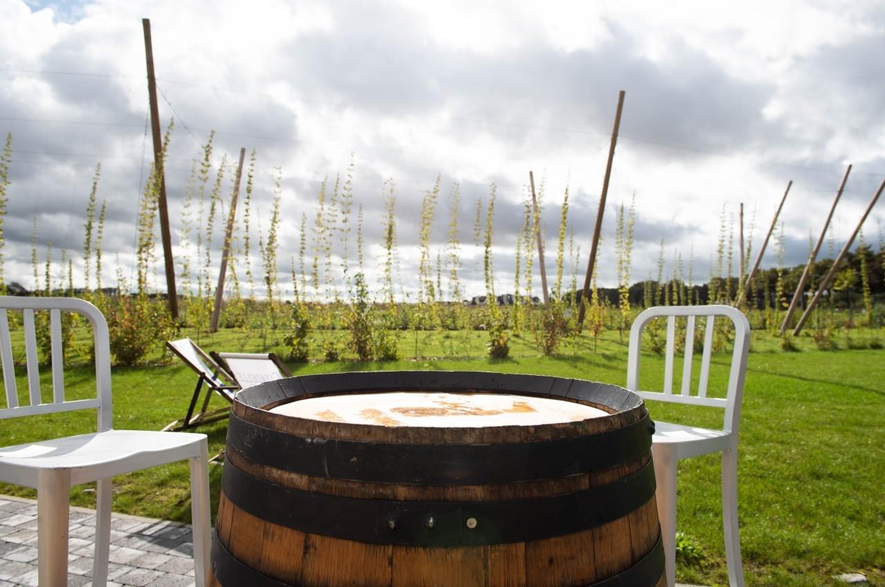 Tonneau en bois utilisé comme table, entouré de deux chaises blanches, dans un jardin avec des poteaux et des plantations.