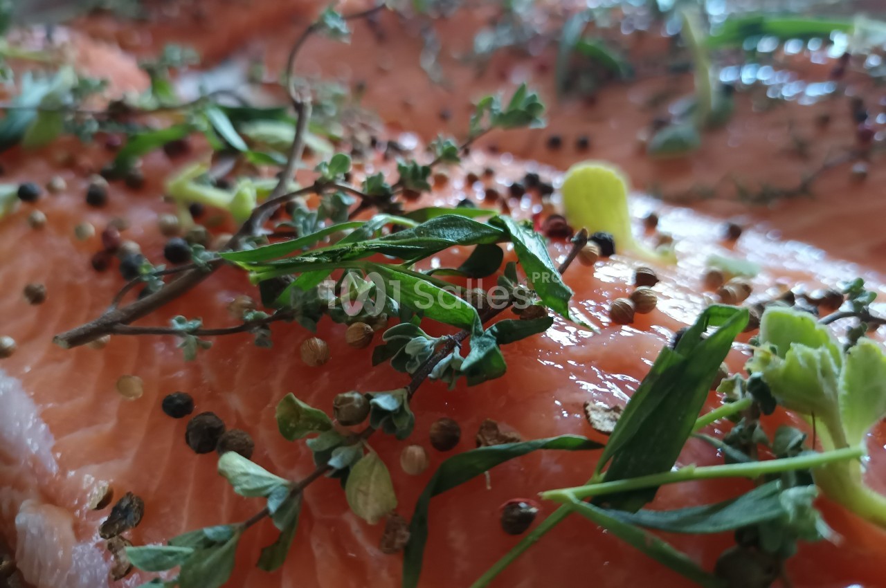 Filet de saumon cru garni d'herbes fraîches, de grains de poivre et de zestes de citron.