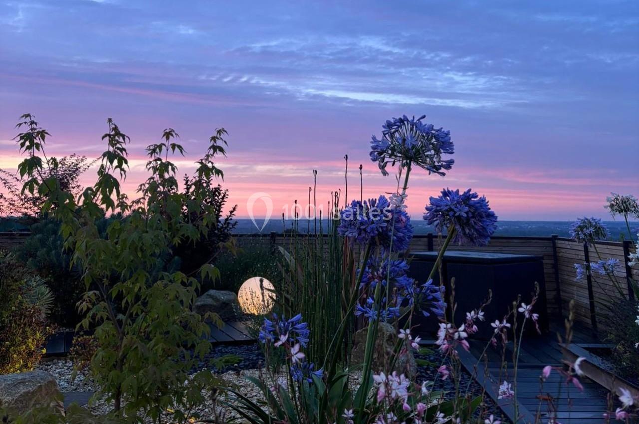 Coucher de soleil sur un jardin avec des fleurs violettes au premier plan et un horizon dégagé en arrière-plan.