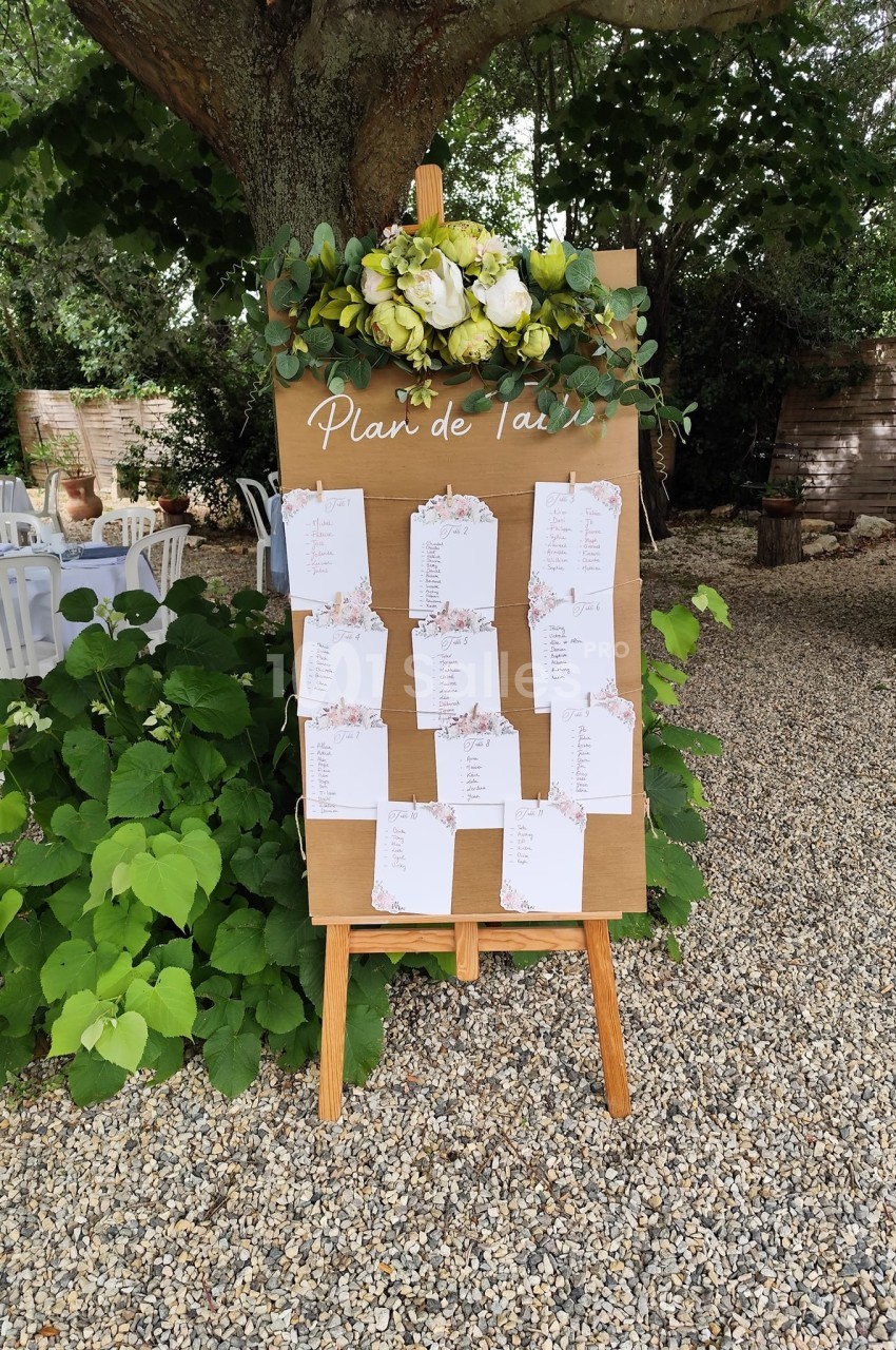 Panneau de plan de table de mariage décoré de fleurs, placé sur un chevalet en bois dans un jardin.