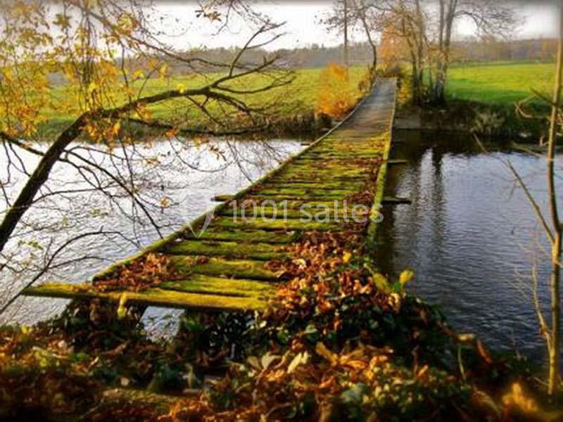 Pont en bois étroit et couvert de mousse traversant une rivière, entouré d'arbres et de feuillage automnal.