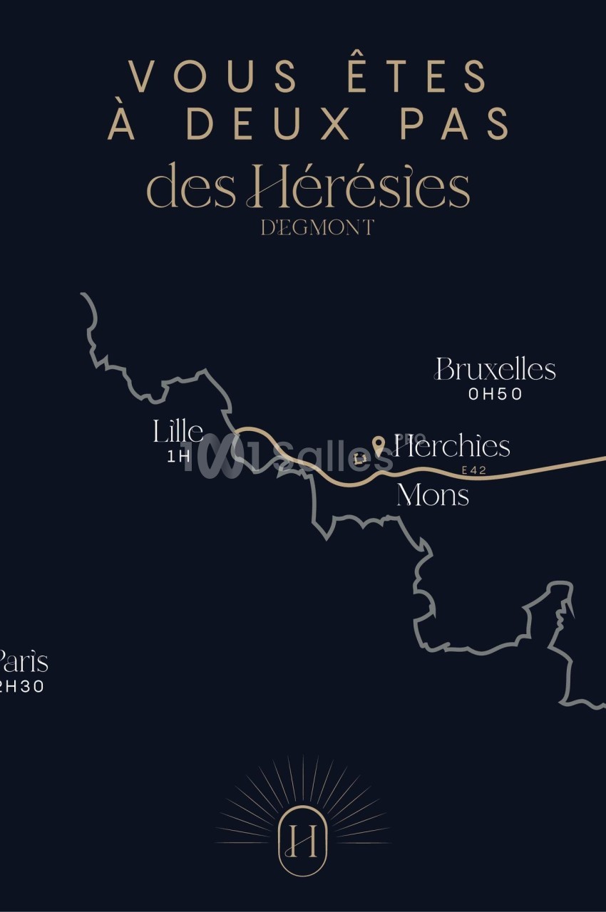 Carte indiquant la localisation d'Herchies et sa proximité avec Paris, Lille, Mons et Bruxelles, avec les temps de trajet.