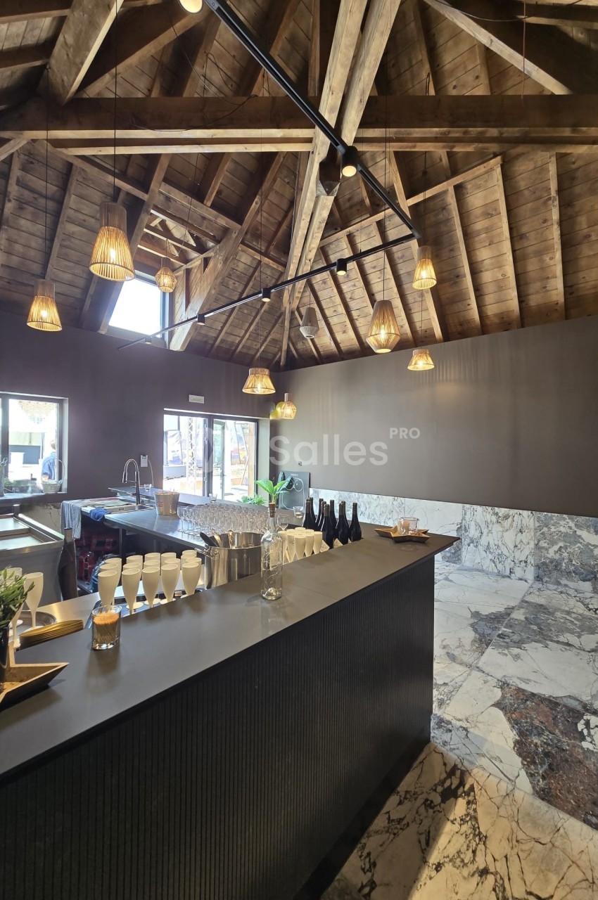 Intérieur d'un espace moderne avec un comptoir sombre, plafond en bois apparent et éclairage suspendu.