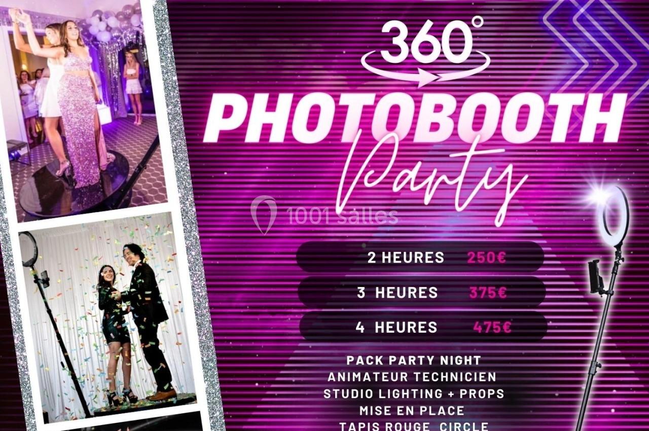 Affiche promotionnelle pour une animation photobooth 360° avec détails des tarifs, durées et services inclus.
