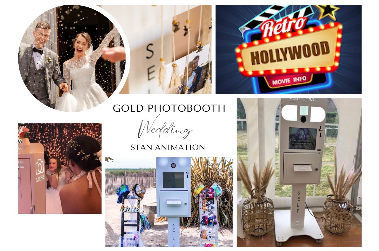 Montage d'images montrant un mariage, un photobooth, et une décoration sur le thème d'Hollywood rétro.
