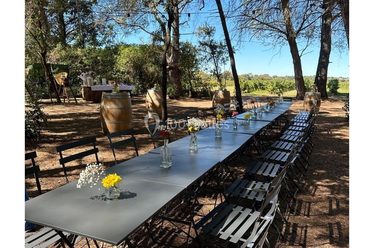 Table longue en métal avec chaises pliantes, décorée de petits vases fleuris, installée en extérieur sous des arbres.
