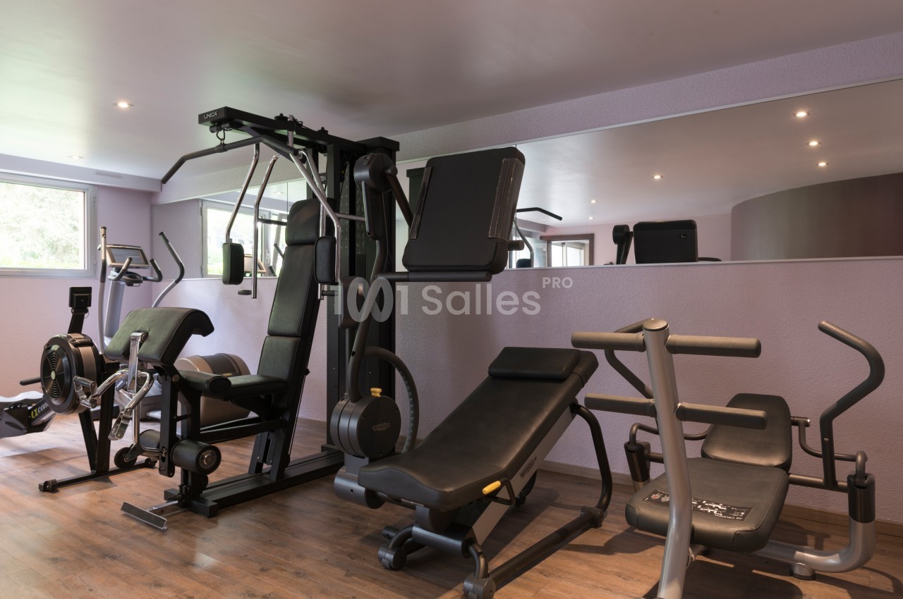 Salle de sport équipée de machines de musculation et de cardio, avec un grand miroir et un sol en bois.