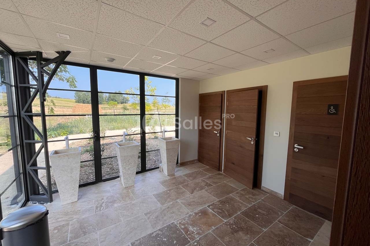 Espace intérieur lumineux avec sol en pierre, trois portes en bois et grandes fenêtres donnant sur un paysage extérieur.