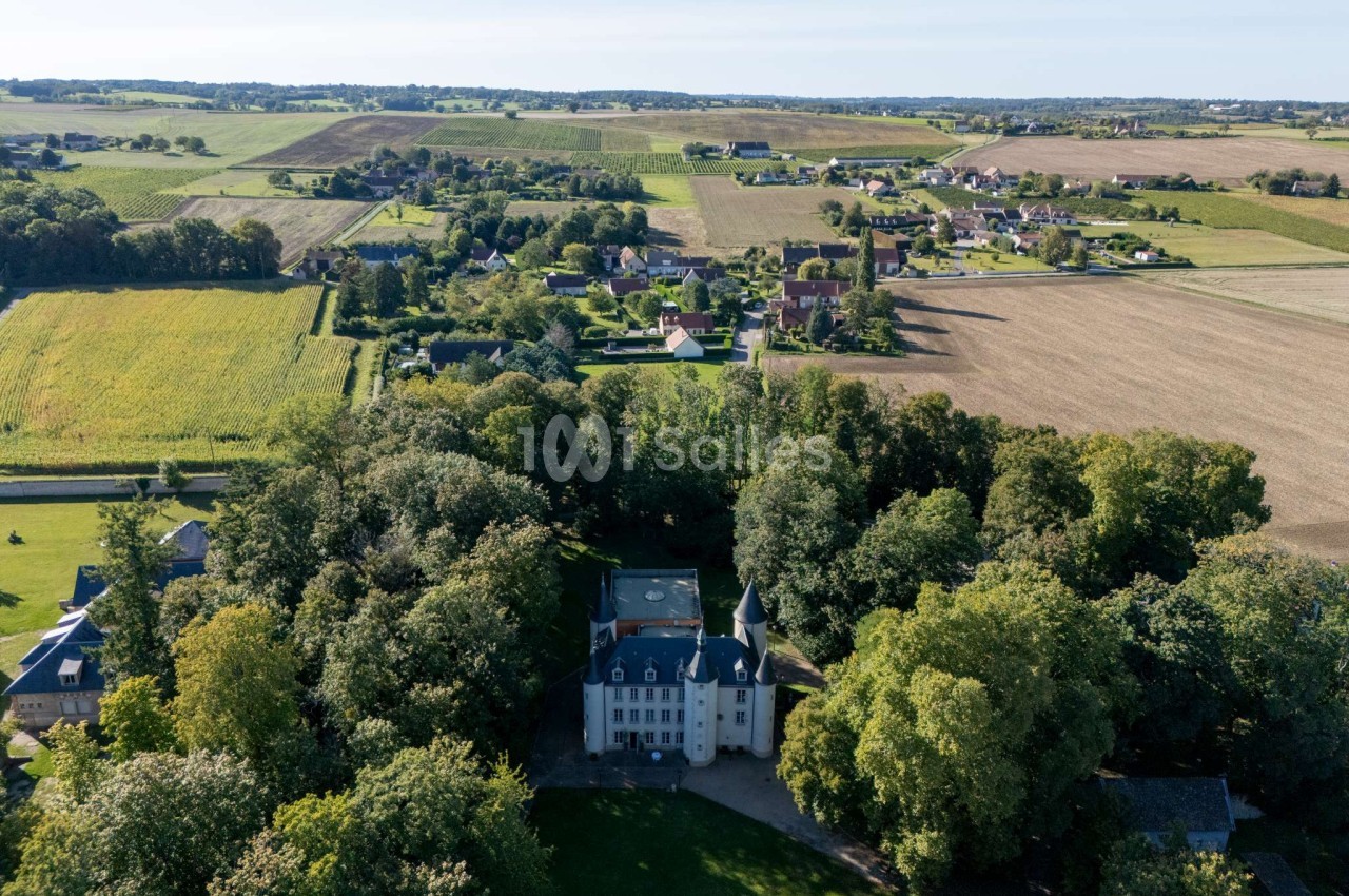 Vue aérienne d'un château entouré d'arbres, avec des champs et un village en arrière-plan.