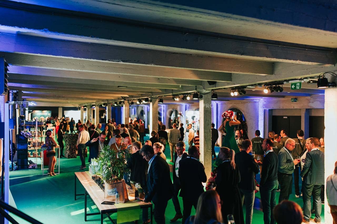 Salle animée avec des invités debout, discutant autour de tables, éclairée par des lumières colorées.