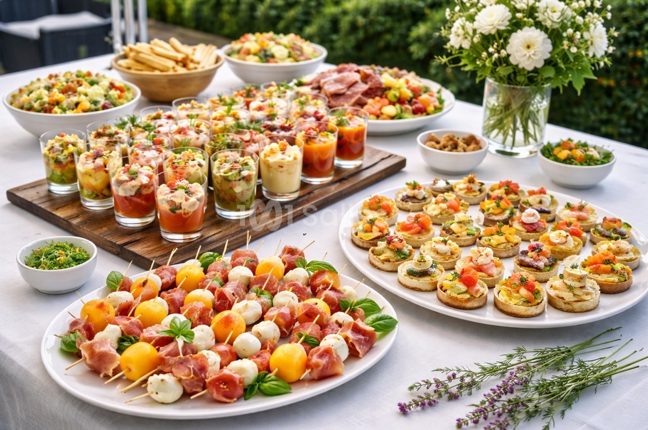 Buffet composé de verrines, brochettes, toasts variés et salades, présenté sur une table décorée de fleurs.