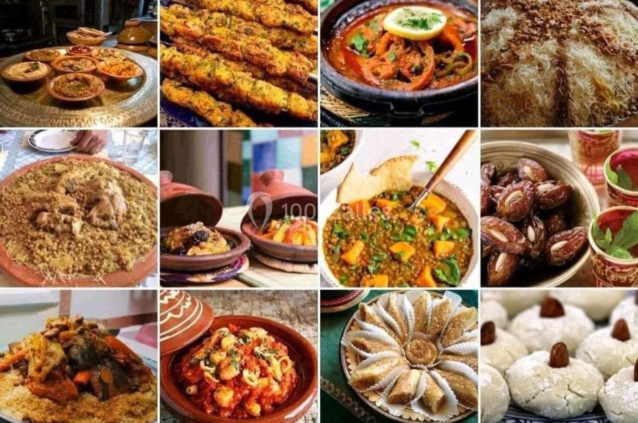 Plats traditionnels variés comprenant couscous, tajines, pâtisseries orientales, dattes et autres spécialités culinaires.