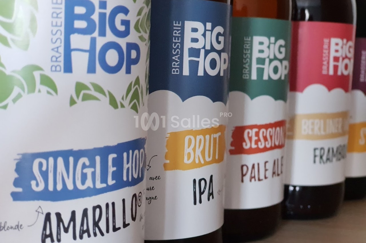 Bouteilles de bière artisanale alignées, étiquettes colorées indiquant différents styles et saveurs.