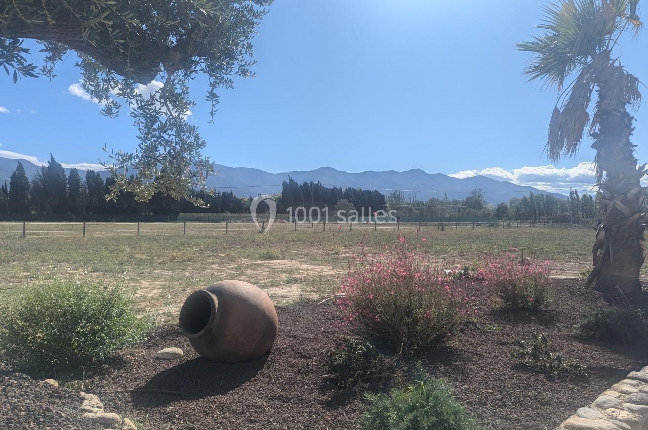 Paysage rural avec jarre en terre cuite, arbustes fleuris, palmiers et montagnes en arrière-plan sous un ciel bleu.