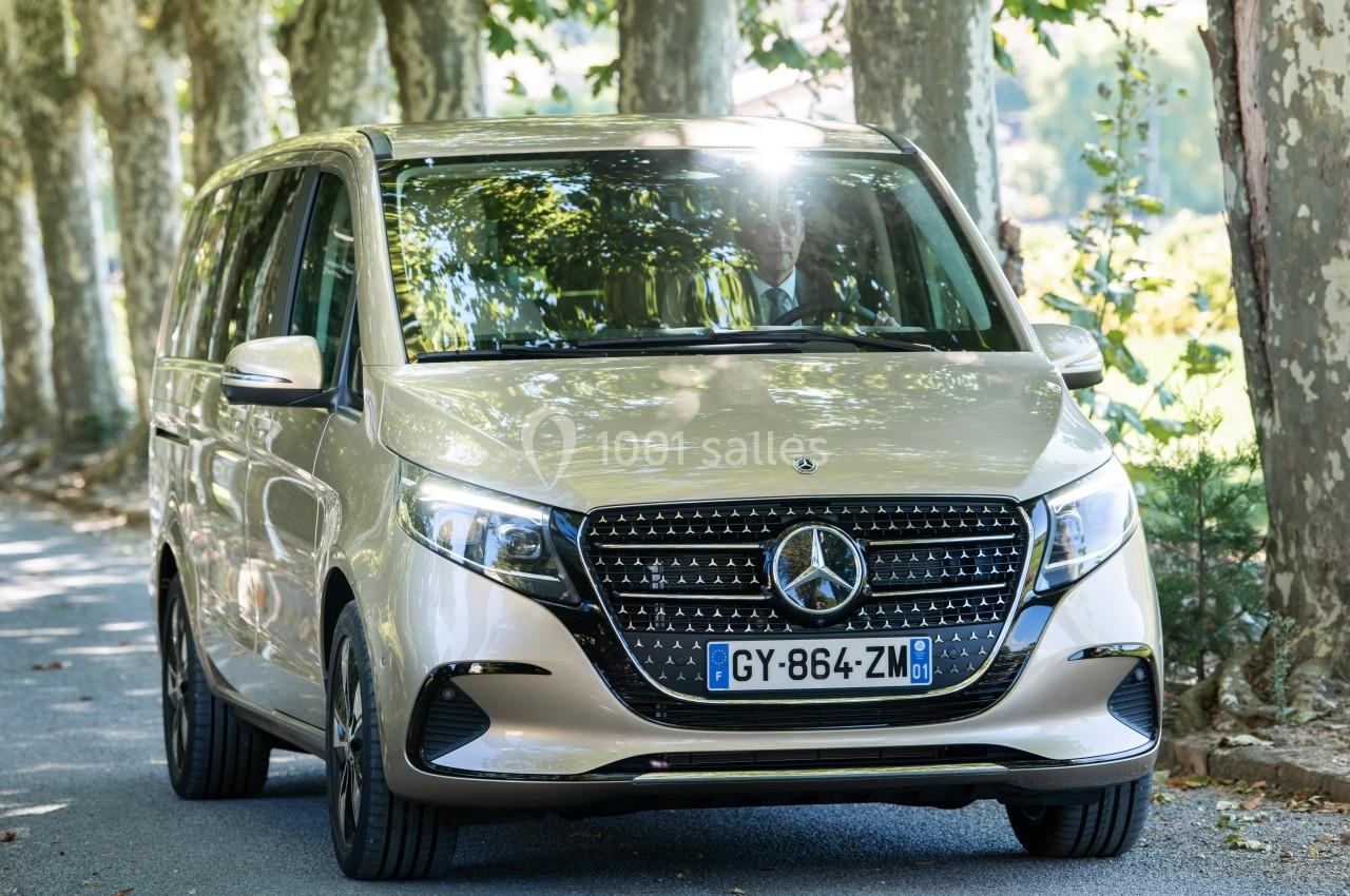 Van beige Mercedes-Benz stationné sur une route bordée d'arbres, éclairé par la lumière du soleil.