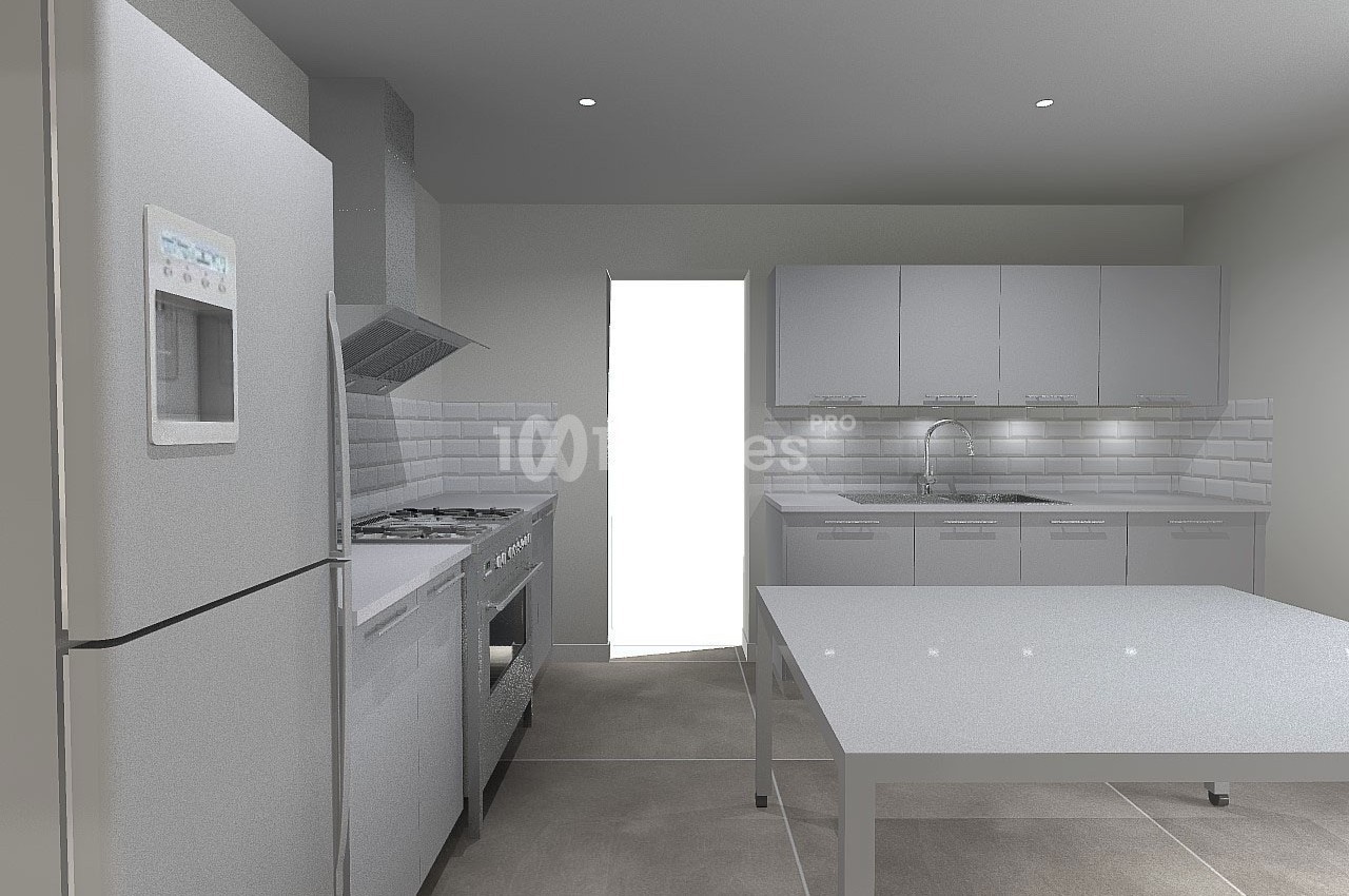Cuisine moderne avec réfrigérateur, cuisinière, évier et table, éclairée par une lumière naturelle provenant d'une porte.