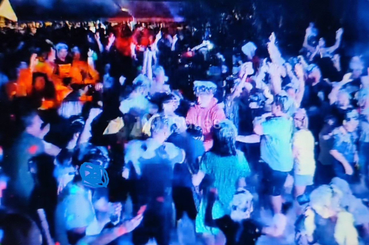 Foule dansante lors d'un événement nocturne en extérieur, éclairée par des lumières colorées.