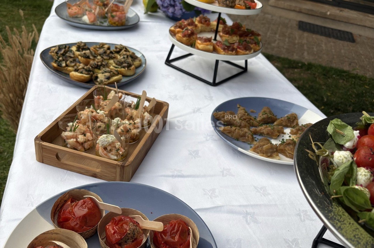 Table dressée en extérieur avec un assortiment de bouchées apéritives variées sur des plateaux et assiettes.