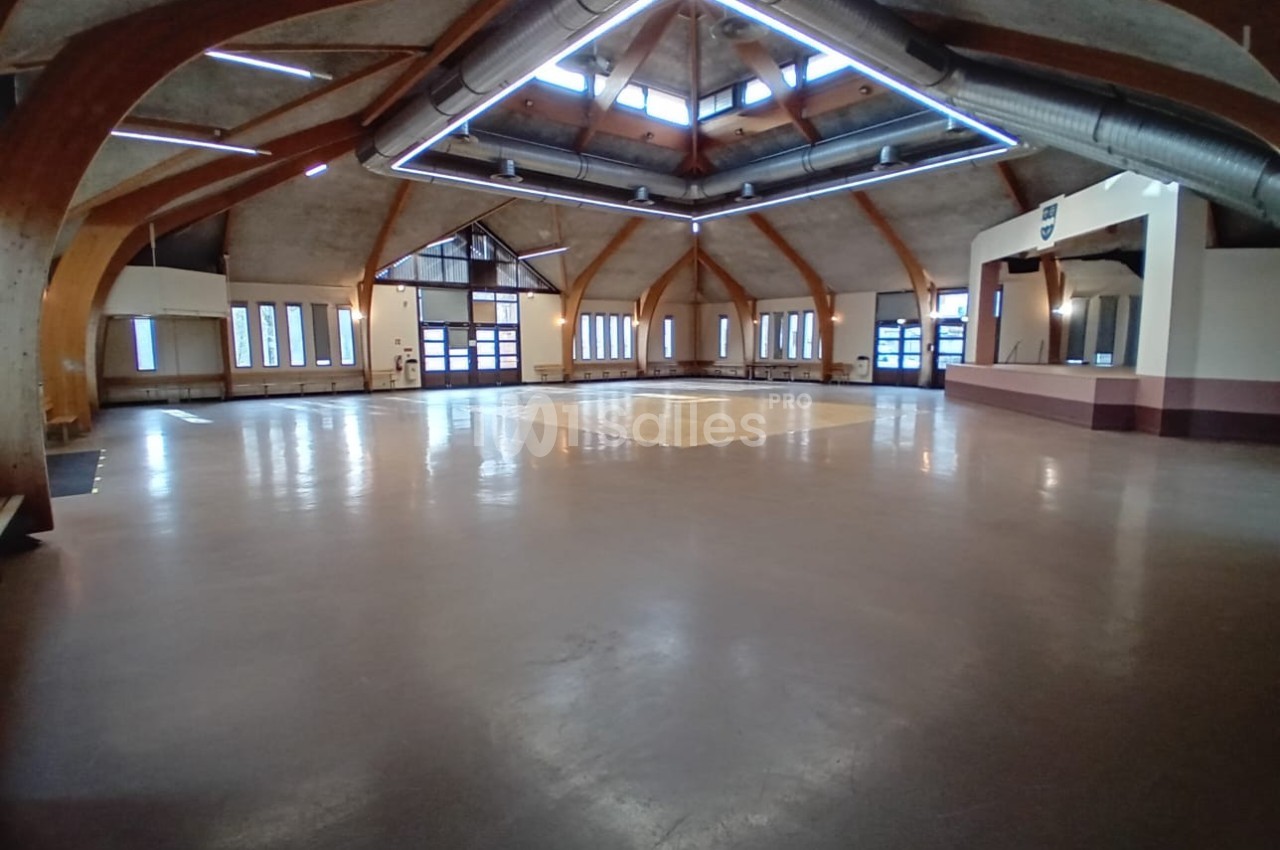 Salle spacieuse avec charpente en bois apparente, grandes fenêtres et éclairage naturel provenant du plafond.