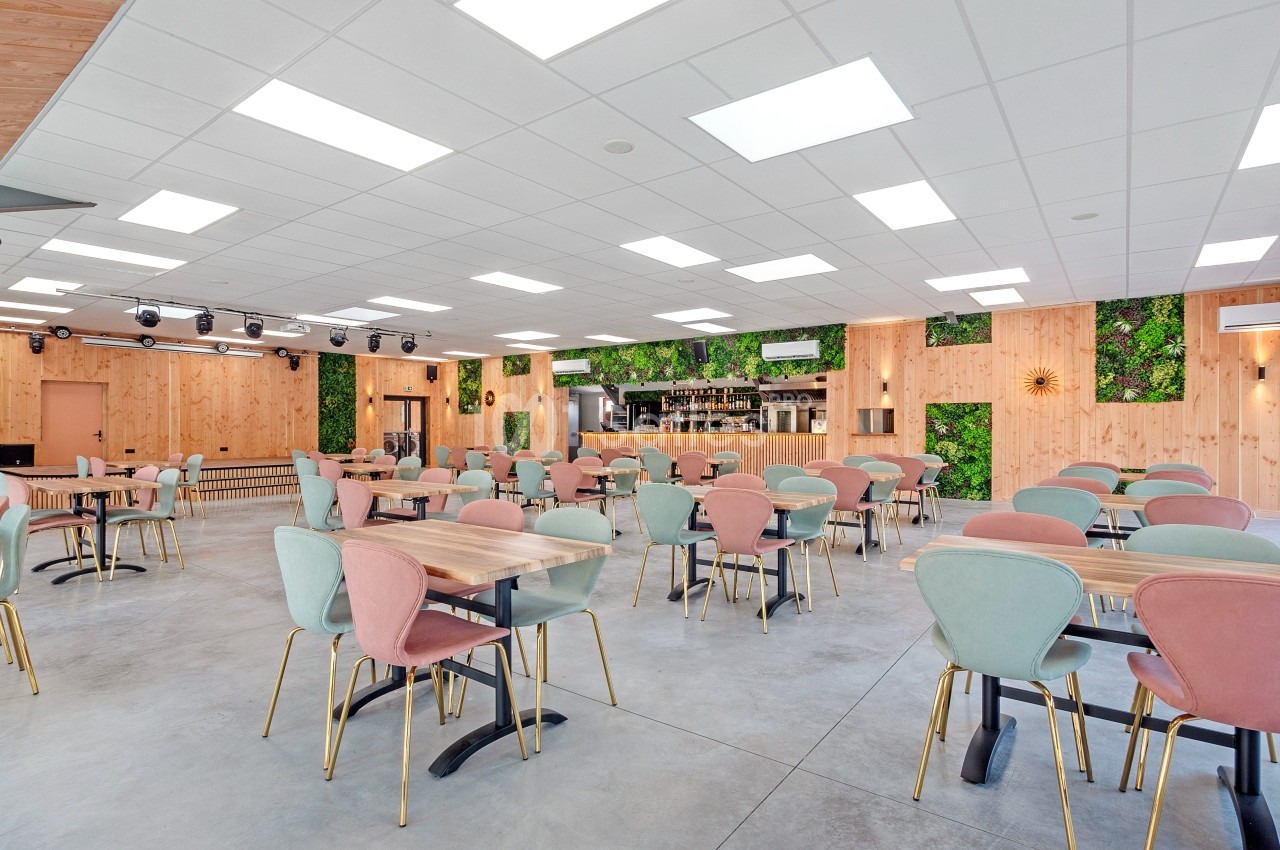 Salle lumineuse avec tables et chaises colorées, murs en bois et végétation, bar en arrière-plan.