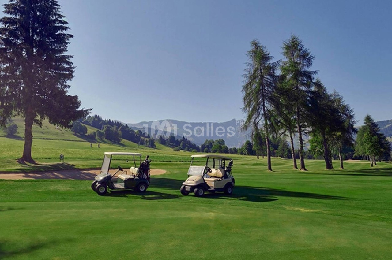 Deux voiturettes de golf stationnées sur un terrain verdoyant entouré d'arbres et de collines sous un ciel dégagé.