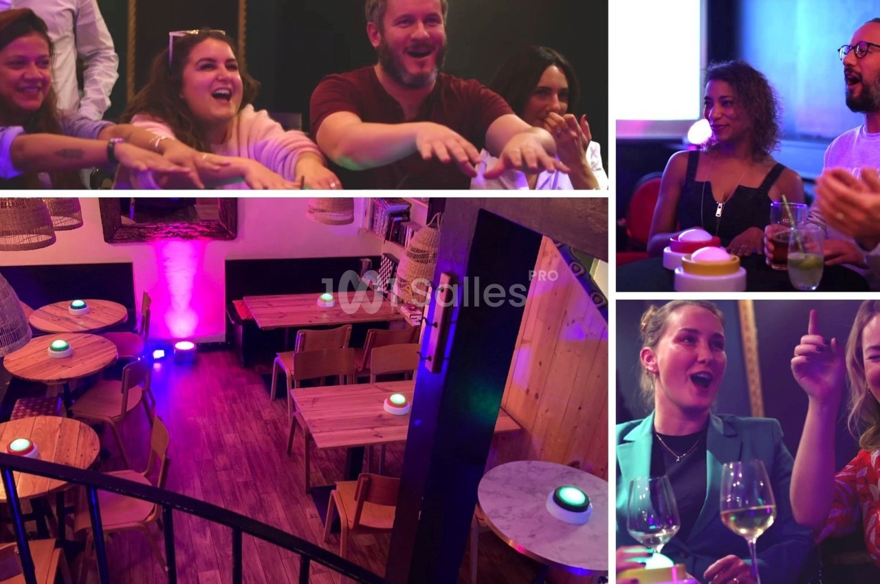 Des personnes rient et participent à une activité conviviale dans un espace chaleureux avec une ambiance lumineuse colorée.