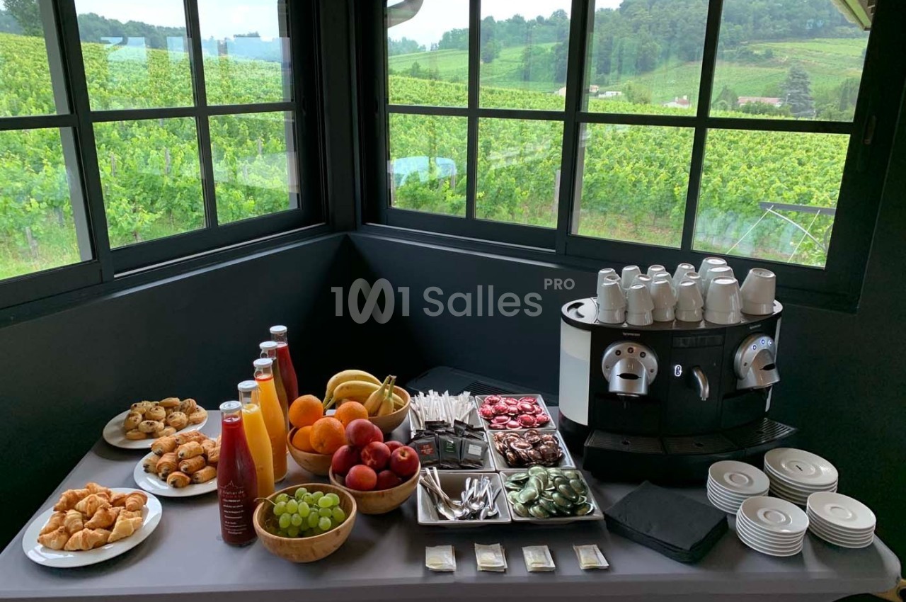 Buffet avec viennoiseries, fruits, jus, café et tasses, disposé devant des fenêtres donnant sur des vignes verdoyantes.
