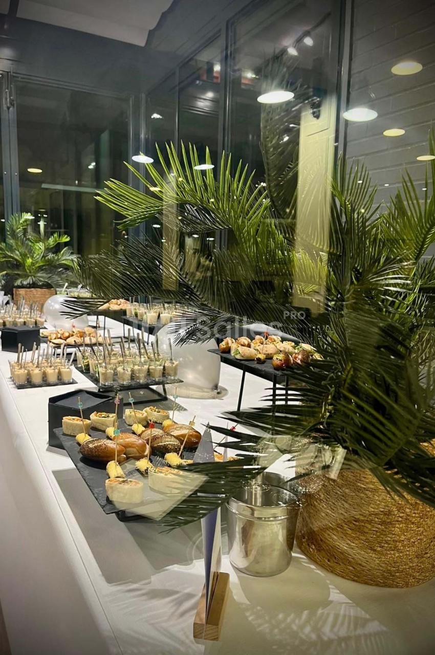 Table garnie de desserts variés présentés sur des plateaux noirs, entourée de plantes décoratives en intérieur.