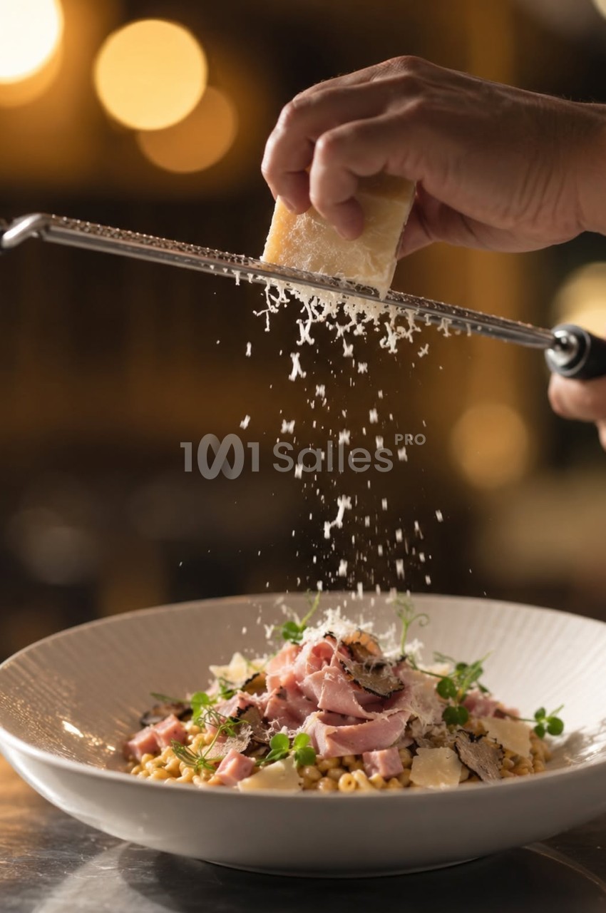 Main râpant du fromage sur une assiette de pâtes, jambon et herbes - éclairage tamisé.