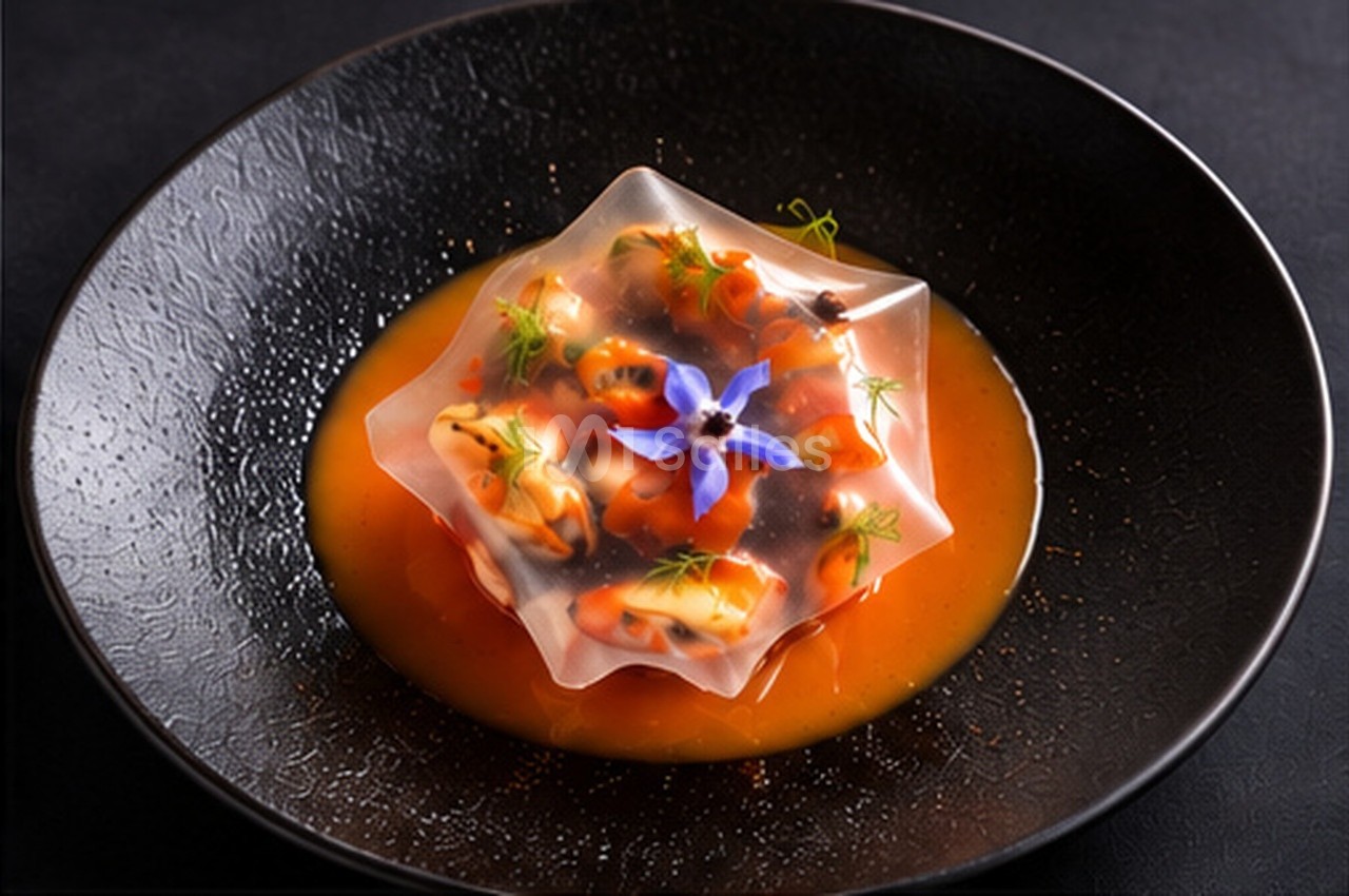 Ravioli translucide garni de langoustines et fleur comestible bleue sur sauce orangée en assiette noire.