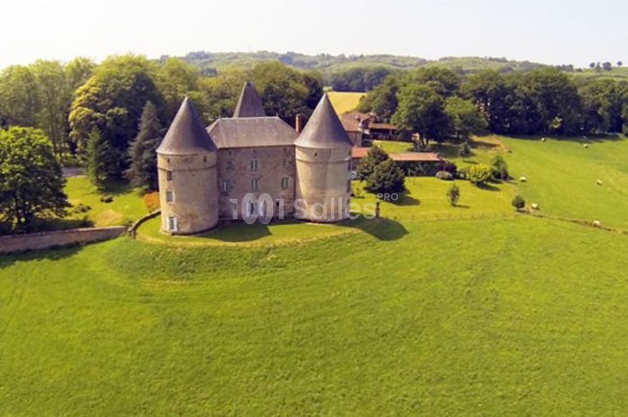 Vue aérienne d'un château entouré de tours rondes, situé dans un paysage verdoyant avec des prairies et des arbres.