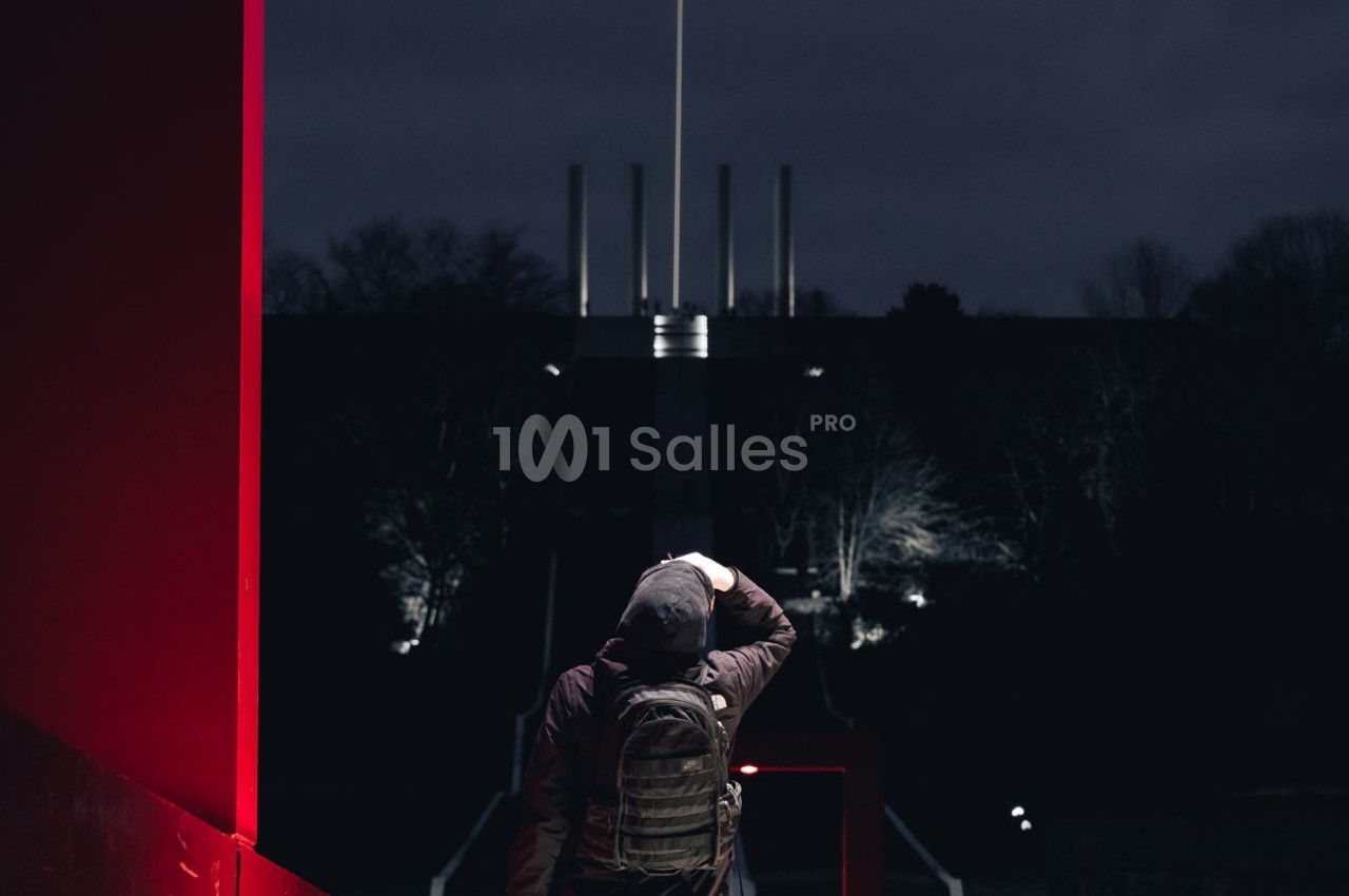 Un homme de dos avec un sac à dos observe un monument illuminé dans l'obscurité, entouré d'arbres.