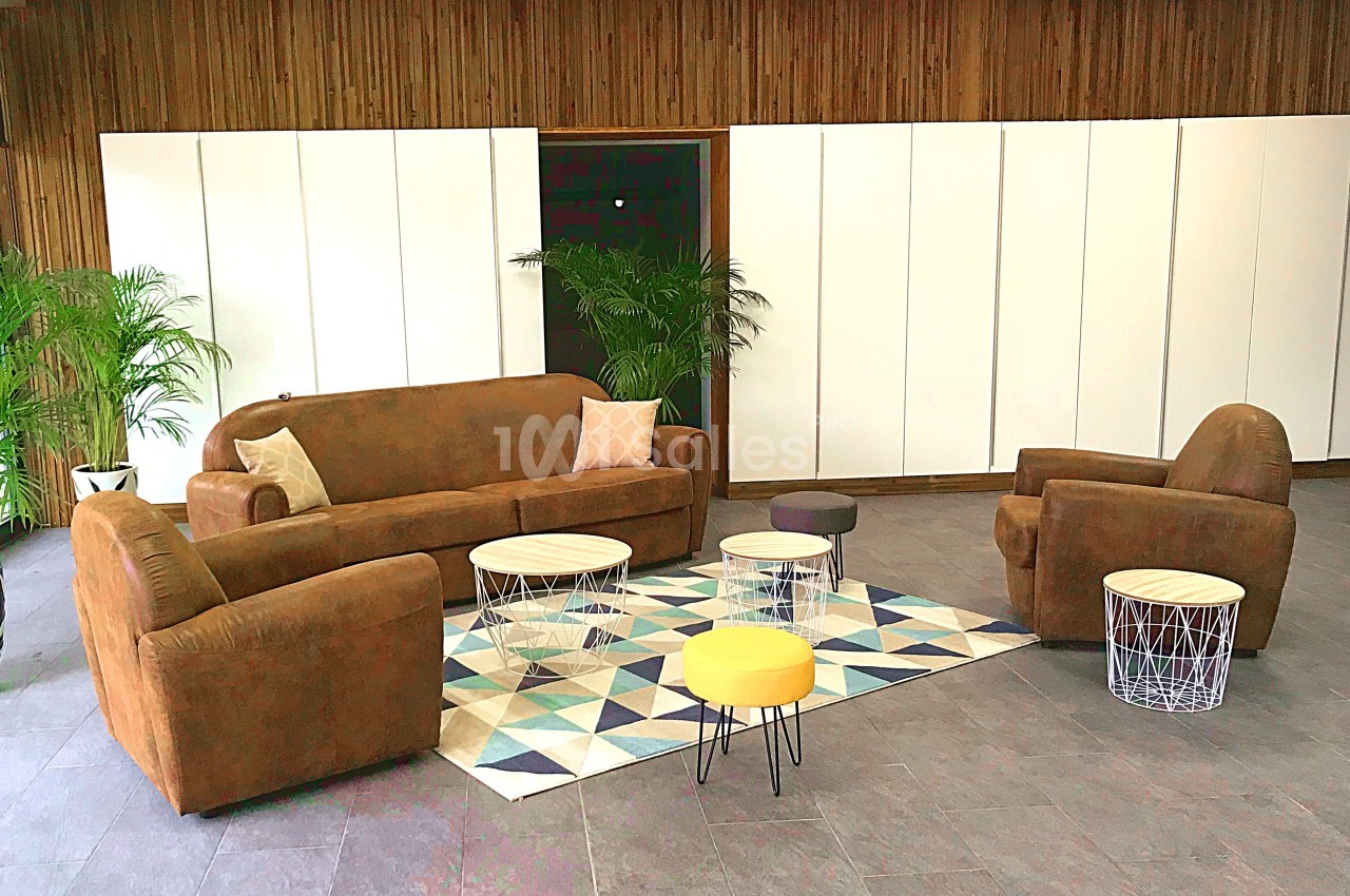 Salon avec canapé, fauteuils en velours marron, tables basses modernes et tapis géométrique, entouré de plantes vertes.