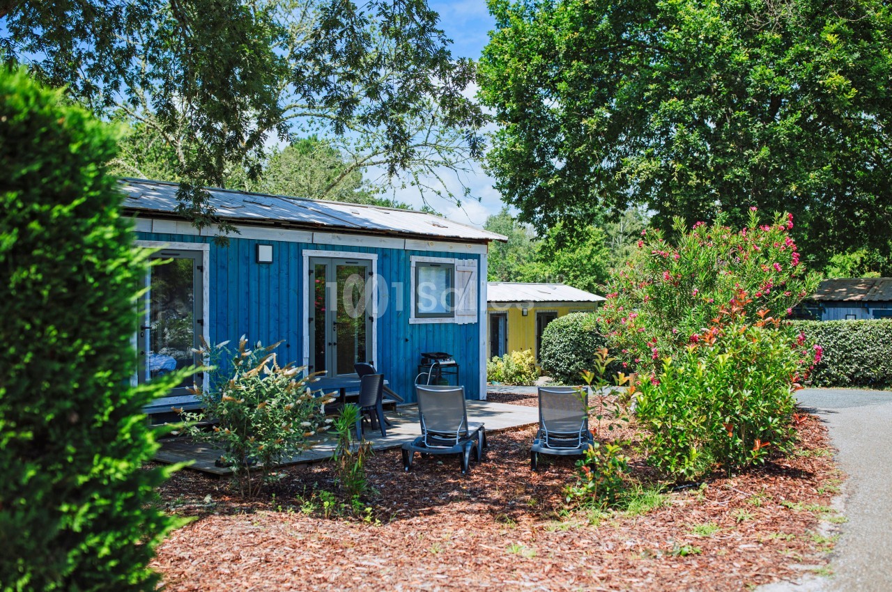 Chalet en bois bleu entouré de végétation, avec une terrasse aménagée et des chaises sous un ciel ensoleillé.
