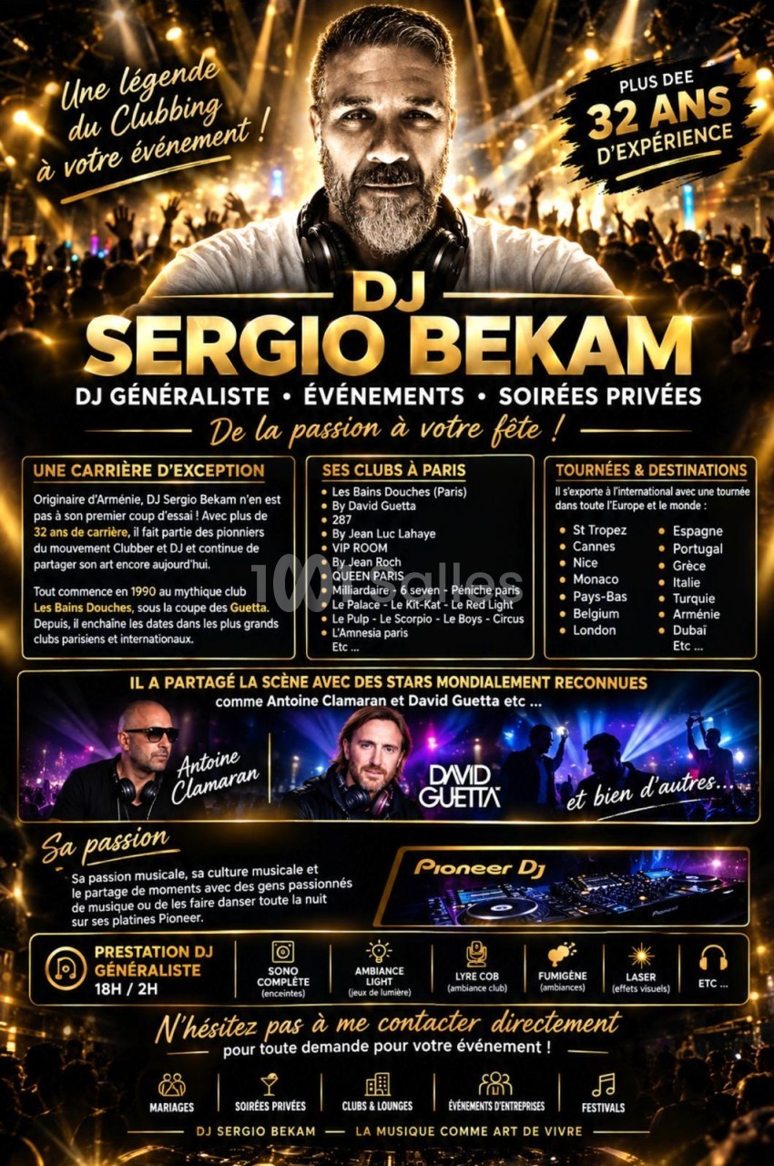 DJ avec casque audio et foule en arrière-plan, affiche promotionnelle avec texte marketing incrusté.