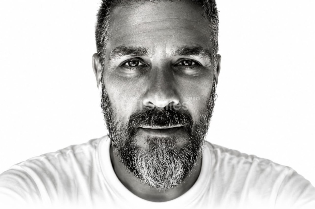 Portrait en noir et blanc d'un homme avec barbe, regardant l'objectif.