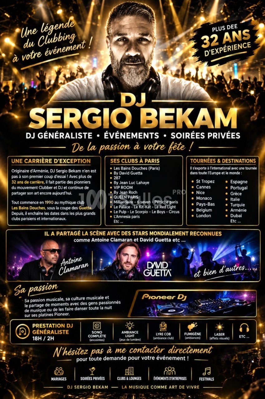 DJ avec casque audio et foule en arrière-plan, affiche promotionnelle avec texte marketing incrusté.