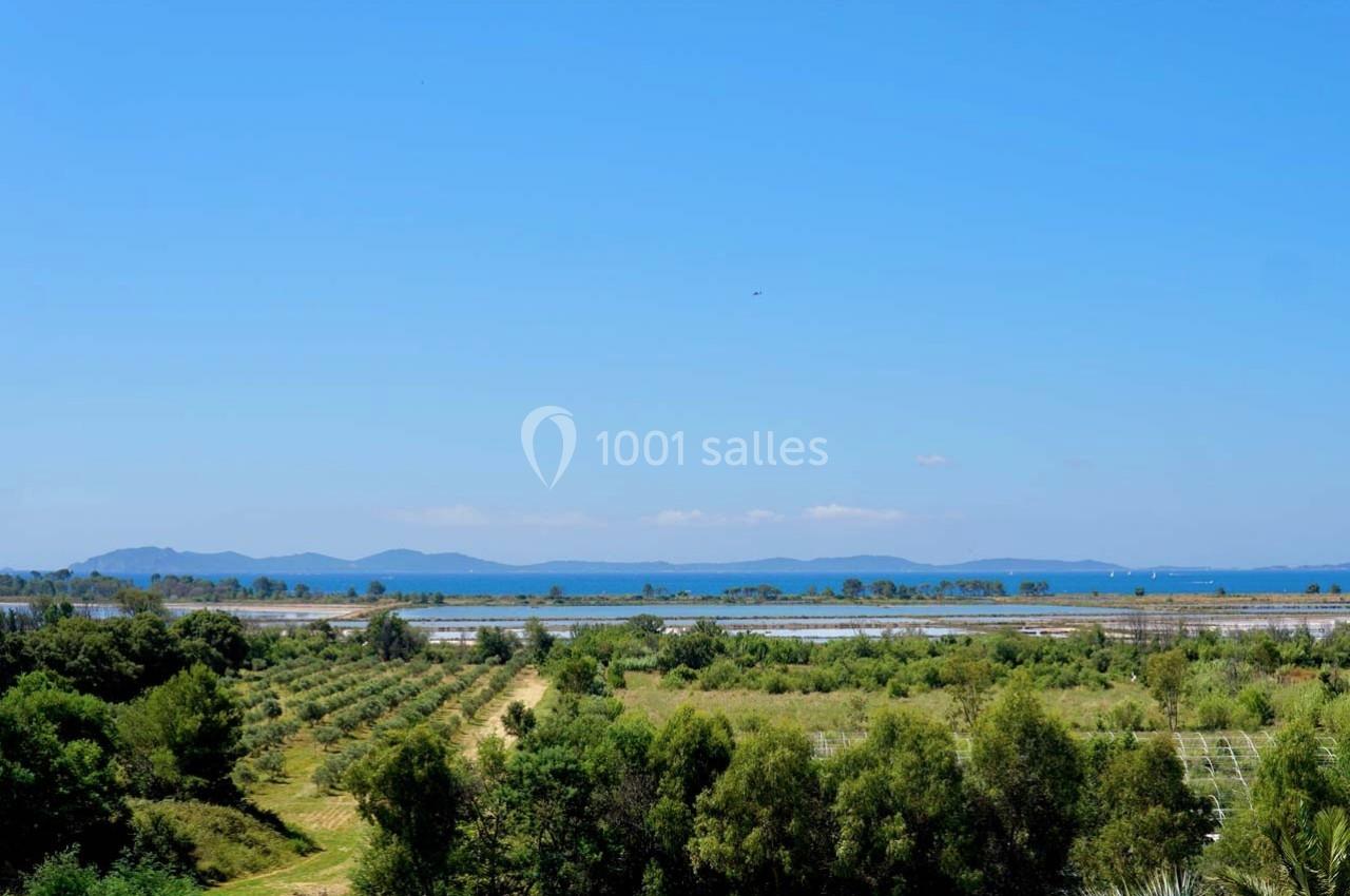 Paysage avec des champs verdoyants, des arbres, un lac en arrière-plan et des collines sous un ciel bleu dégagé.