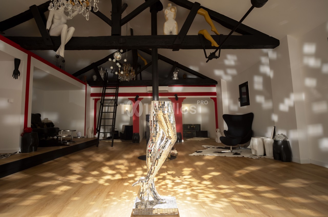 Intérieur d'un loft avec poutres apparentes, sculptures artistiques et lumière réfléchie par une mosaïque.