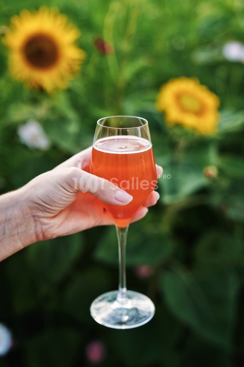 Main tenant un verre de boisson orange pétillante devant un fond de tournesols et de verdure.